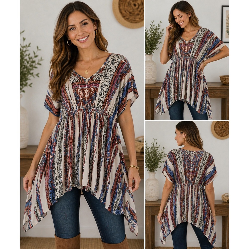 One World Tunic Top Womens Medium Multicolor Boho Empire Waist‎ Sharkbite Hem